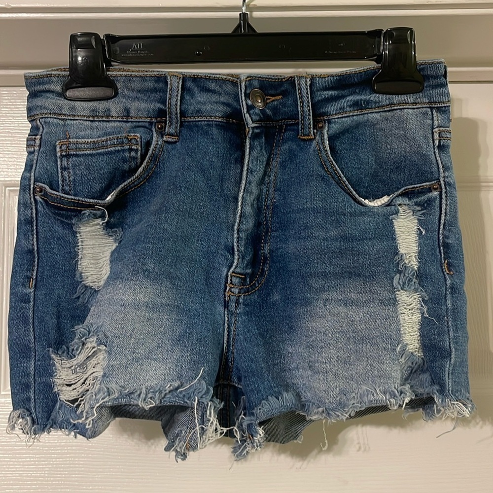 Wax Jean - medium wash blue jean shorts - distressed - size M
